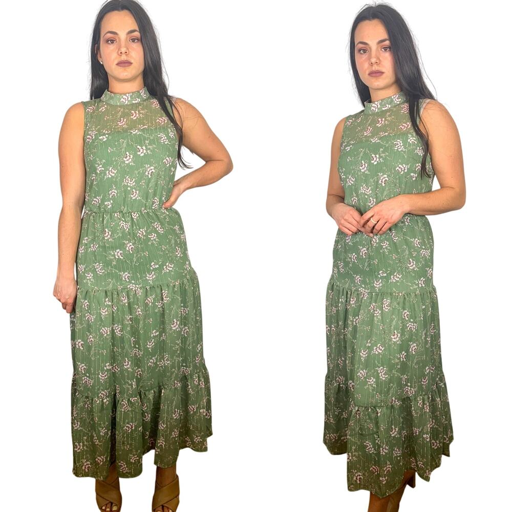 Lush All in Favor High Neck Sleeveless Tiered Dress in Sage Floral